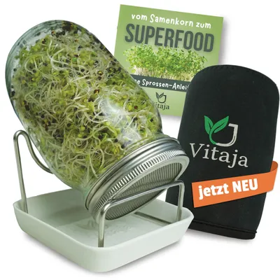 Produktbild von Vitaja Sprossenglas Keimglas Set mit Keramikschale - Set für Sprossen Anzucht - (inkl. Abdunklungshülle) - Keimgläser für Sprossenzucht - Anzuchtset