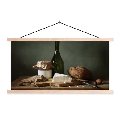 Produktbild von MuchoWow® Textilposter Rustikal - Brie - Stillleben - Flasche - Brot 120x60 cm mit holzfarbenen Rahmen - Klemmleiste