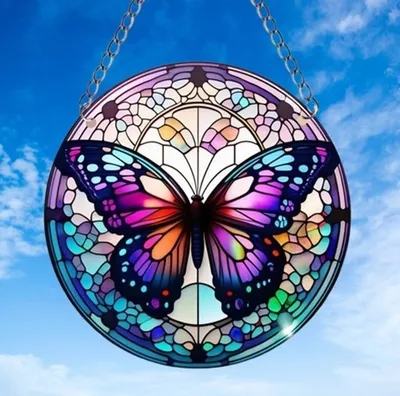 Produktbild von GKA Sonnenfänger Schmetterling lila 15 cm Buntglas Lichtfänger Fensterbild Fensterschmuck Fensterdeko Fenster