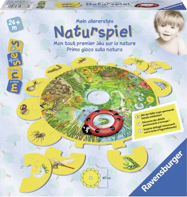 The product packaging for a children's nature-themed puzzle game, featuring a child's face and the game components.