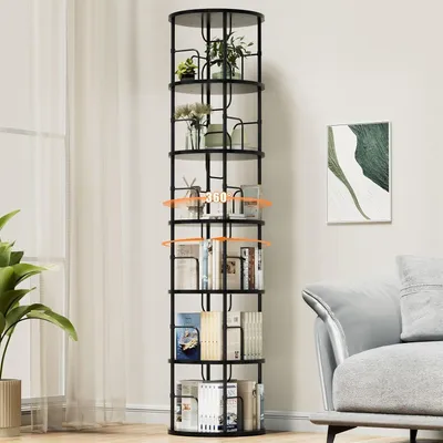 Immagine prodotto di Libreria girevole con 6 ripiani, dimensioni 45x45x193 cm, colore nero, realizzata in legno MDF e metallo