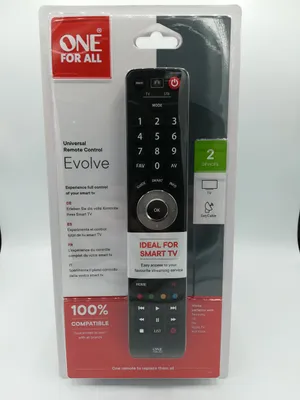 A product package for a universal remote control, displayed against a light gray and white background.