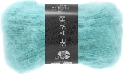A ball of turquoise yarn with a black label.