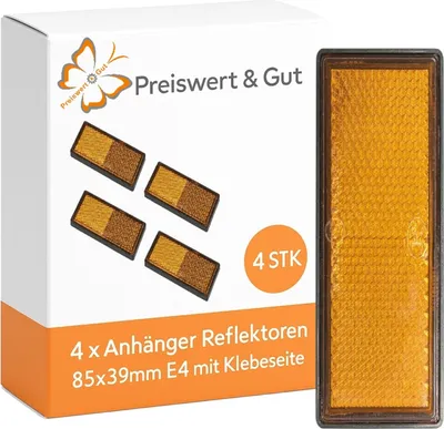 Produktbild von 4x Anhänger Reflektoren Set 85x39mm E4 – Klebeseite Rückstrahler Orange für LKW Wohnwagen Rechteckige Seitenreflektoren