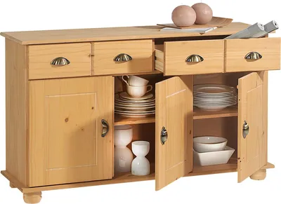 Produktbild von Sideboard COLMAR, Gebeizt - Landhaus Kommode mit 2 Schubladen und 3 Türen, Kiefer Massivholz, Muschelgriffe aus Metall, ideal für Flur oder Wohnzimmer