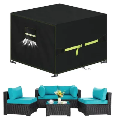 Zdjęcie produktu dla Osłona VDISRR do mebli ogrodowych, odporna na warunki zimowe, wykonana z tkaniny Oxford 420D, wymiary: 135x135x75 cm. Pokrowiec ochronny na stół, wyposażony w otwory wentylacyjne, wodoodporny i odporny na promieniowanie UV, przeznaczony do stołów i zestawów wypoczynkowych w ogrodzie