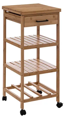 A bamboo kitchen trolley with shelves and a drawer.