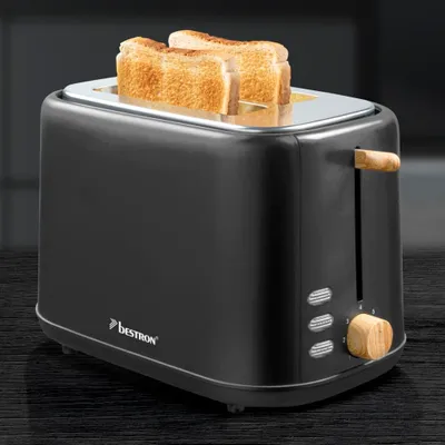 Produktbild von Bestron Toaster für 2 Toastscheiben, inkl. Brötchenaufsatz, 7 Bräunungsstufen & Krümelschublade, 800 Watt, Black & Wood-Design, Farbe: Schwarz / Holz