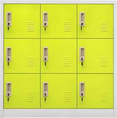 A grid of nine bright yellow metal lockers with gray handles and locks, arranged in three rows and three columns.