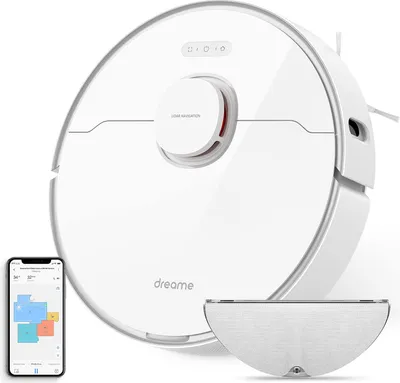 A white Dreame L10 Pro robot vacuum cleaner is shown from a slightly elevated diagonal angle, with a smartphone displaying a floor plan next to it.