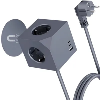 Produktbild von Steckdosenleiste mit USB Typ C Mehrfachsteckdose Würfel 3680W/16A 6 in 1 PD20W mit Magnetpad 1,5M Verlängerungskabel für Büro, Hause, Grau