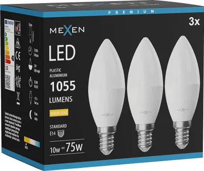 Obrázok produktu pre Mexen Nova 3x LED žiarovka E14, C37, 10 W, teplá - 3000 K, 1055 lm - L102-E14-1030-01x03