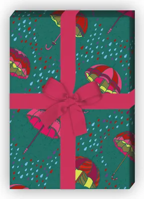 Produktbild von Fröhliches Herbst Regen Geschenkpapier mit fliegenden Regenschirmen, grün - G10140, 32 x 48cm
