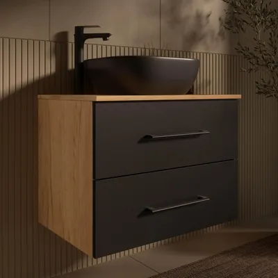 Produktbild von Planetmöbel LUX Badmöbel-Set Waschtisch mit Unterschrank 70 cm Gold Eiche/Anthrazit hängend & Aufsatz-Waschbecken 42 cm Schwarz