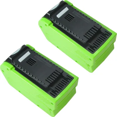 Two green and black lithium-ion batteries are shown against a white background.