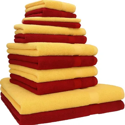 Produktbild von Betz 12-tlg. Handtuch-Set PREMIUM 2 Duschtücher 4 Handtücher 2 Gästetücher 2 Seiftücher 2 Waschhandschuhe  Farbe: honiggelb / rubinrot