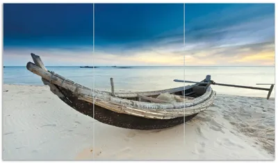 Produktbild von Wallario Herdabdeckplatte aus Glas, Größe 90 x 52 cm 3-teilig, Motiv Fischerboot am Strand mit Sonnenuntergang
