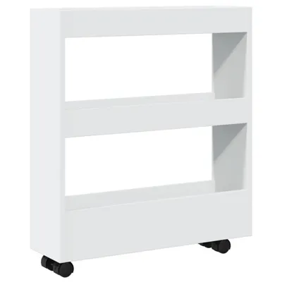 A white, three-tiered storage cart with wheels.