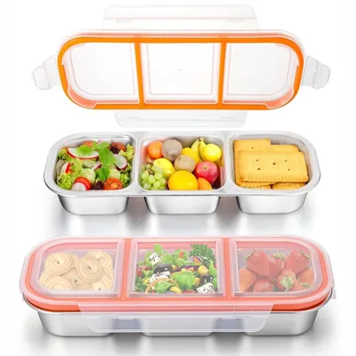 Produktbild von Snackbox Mit 3 Fächern Edelstahl Auslaufsicher Snackdose Mit Deckel Snackschale