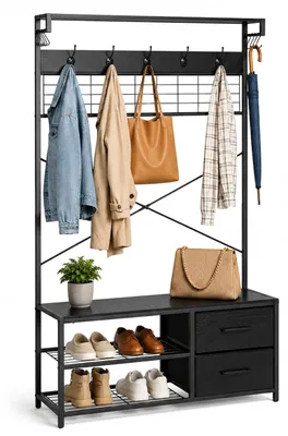 Produktbild von Relaxdays Garderobenständer, Schuhregal, Haken, 2 Schubladen & Ablagen, HxBxT: 176 x 80 x 30 cm, Garderobe, schwarz