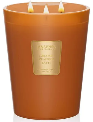 Image de Bougie parfumée, saveur caramel et potiron, cire de soja, 3 mèches, 990g, durée de combustion de 150 heures, contenue dans un verre