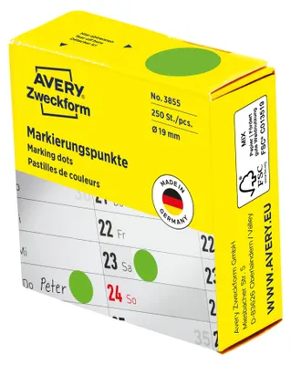 Produktbild von Avery Zweckform 3855, Markierungspunkte, ? 19 mm, 250 Markierungspunkte / 1 Rolle, grün