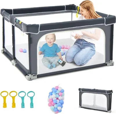 Image de Parc bébé carré 124 x 124 cm Grande barrière de jeu Gris foncé