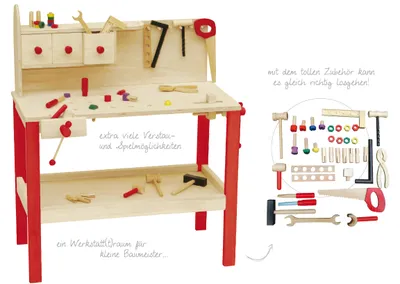 Image de Établi roba, grand établi en bois avec kit d'outils, grand plan de travail, tablette, 3 tiroirs