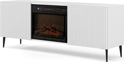 Produktbild von TV-Schrank RAVENNA 2D 170 cm mit Kamin WEIß MATT auf schwarzen Beinen
