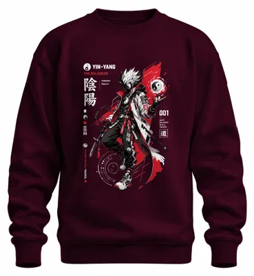 Zdjęcie produktu dla Bluza z kapturem "Balancer Yin Yang", styl anime, katana, techwear, Japonia, lata 2000, manga, kolor burgundowy, rozmiar S
