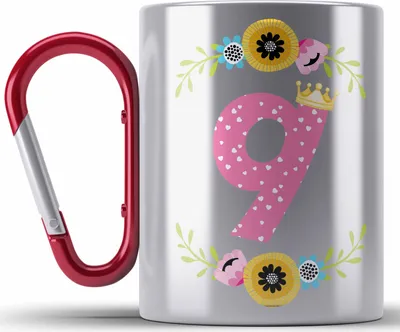 Produktbild von Trendation - 9. Geburtstag Mädchen Edelstahl Tasse Karabiner Geschenk zum Neunten Geburtsagsparty Grafik Krone  9 Jahre Alt (Rot)