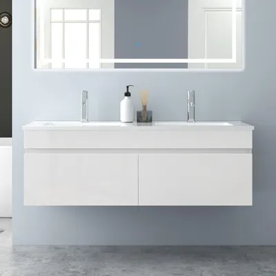 Produktbild von Waschtisch mit Unterschrank 120cm BERGEN Badmöbel Set Hochglanz Weiß Keramik Waschbecken mit Unterschrank MDF Softclose