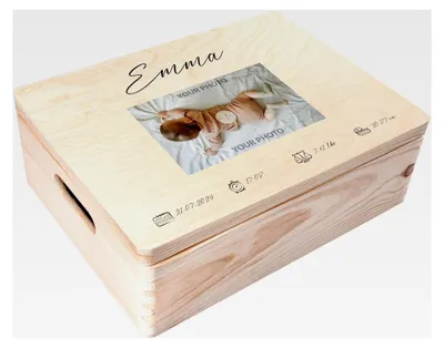 Produktbild von Erinnerungsbox für Babys aus Holz, personalisierte Fotogeschenke | zur Geburt & Taufe | individuelles Bild für Mädchen und Jungen | Erinnerungskiste