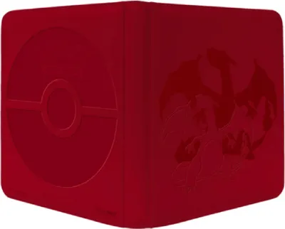 A red Pokemon binder with embossed designs.