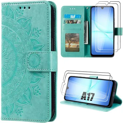 Image de Coque + 2 Verres Trempés pour Samsung Galaxy A17 4G/5G, Anti-Rayures Protection Effet Cuir Vert Motif Mandala