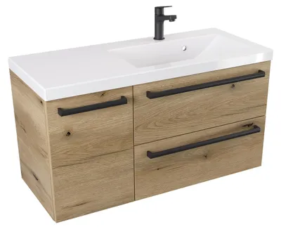 Produktbild von ATHD Wandhängender Waschtischunterschrank mit Waschbecken 90 cm T rechts - Evoke Matt Eiche - Mattschwarze Griffe