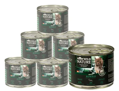 Produktbild von Dehner Wild Nature Katzenfutter Auwald, Nassfutter getreidefrei / zuckerfrei, für ausgewachsene Katzen, Hirsch / Truthahn, 6 x 200 g Dose (1.2 kg)