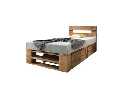 Produktbild von Lermowood Palettenbett M2 120 x 200 cm mit Kopfteil und 2 Bettkästen Eiche Holzbett Massivholzbett Bett aus Paletten Seniorenbett Kinderbett Jugendbett