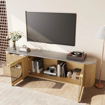Image de OKWISH Meuble TV 172 cm Moderne en Bois avec Portes 3D - Meuble de Salon Minimaliste avec Étagères et Rangement, Naturel