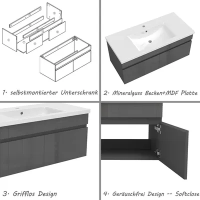 Produktbild von Waschtisch mit Unterschrank 100cm BERGEN Badmöbel Set Hochglanz Schwarz Waschbecken mit Unterschrank MDF Softclose