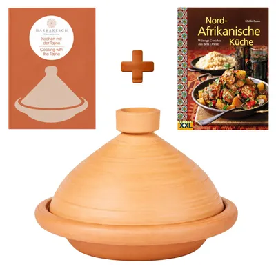 Produktbild von Tajine Tuareg mit Kochbuch Nord-Afrikanische Küche, 2er-Set, Terracotta 31 cm