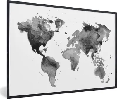 Produktbild von MuchoWow® Gerahmtes Poster Weltkarte - Aquarell - Schwarz - Weiß - Kinder - Jungen - Mädchen 90x60 cm - Poster mit Schwarzem Bilderrahmen Wandposter Rahmen Foto Bilder - Fotorahmen - Foto-Plakat