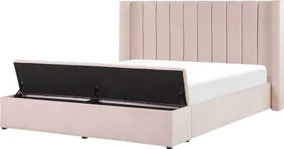 Obrázek produktu pro BELIANI Postel pastelově růžová sametová s rámem 160 x 200 cm vysoké čelo postele a otevírací lavice s úložným prostorem ložnice