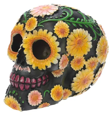Totenkopf-Deko mit Blumenmuster, Polyresin, 15 x 10,5 x 11,5 cm