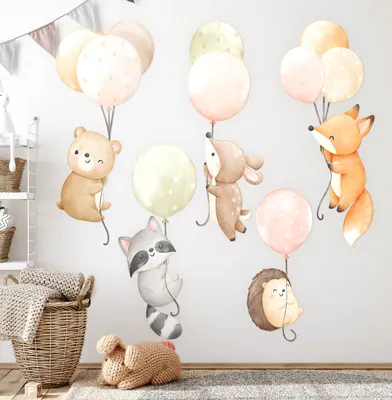 Produktbild von Flug der niedlichen Tiere – Wandgestaltung – Wandbilder Kinder – Motivtapeten Set – Wanddekor Kinderzimmer – Selbstklebende Wandsticker – 80x124 cm