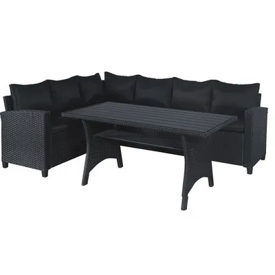 Produktbild von Gartenmöbel Set, 5 Personen, Stahl und Polyrattan, Schwarz, Hochtisch, 8 cm Sitzkissen, 15 cm Rückenkissen