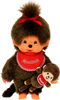 Produktbild von Sekiguchi 242184 - Original Monchhichi Mädchen mit Mini-Monchhichi, Plüsch-Figur mit rotem Lätzchen und Schleife im Haar, Kuscheltier aus braunem Plüsch, ca. 20 cm groß