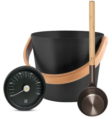 Produktbild von SET> Rento Saunakübel, Kelle + Thermometer aluminium SCHWARZ