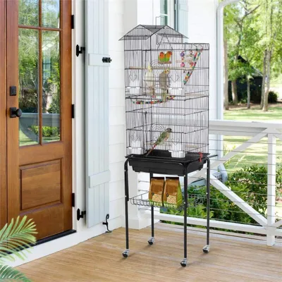 Produktbild von Yaheetech Vogelkäfig Vogelvoliere, XL Käfig für Wellensittich Kanarien, mit Vogelspielzeug & Ständer & Rollen, 46 x 35,5 x 158,5 cm, Schwarz