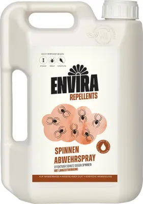 A white plastic jug of Envira Spinnen Abwehrspray.